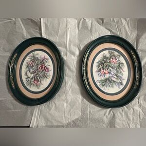 Vintage Home Interior Green Oval Framed Hummingbird Print Set of 2